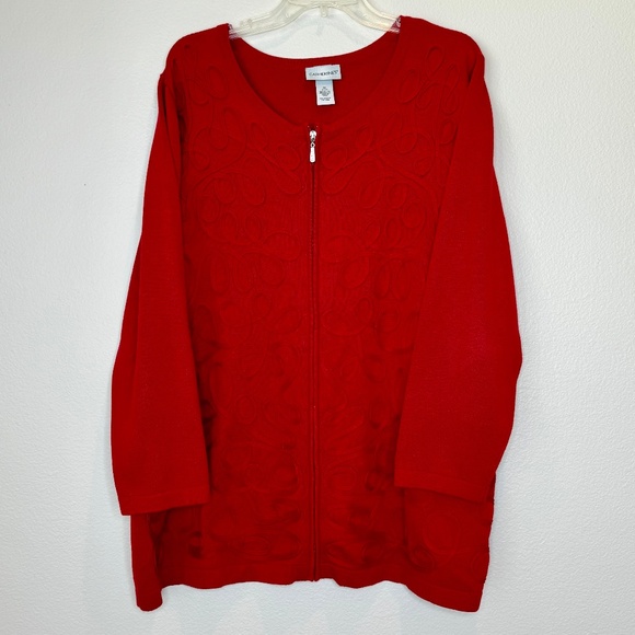 CATHERINE'S Red Full Zip Sweater Cardigan 2X Embroidered Holidays Christmas‎ - Picture 1 of 9